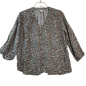 Sonoma Women XL Floral Print V Neck 3/4 Sleeve Rayon Blouse Top Green Pink‎